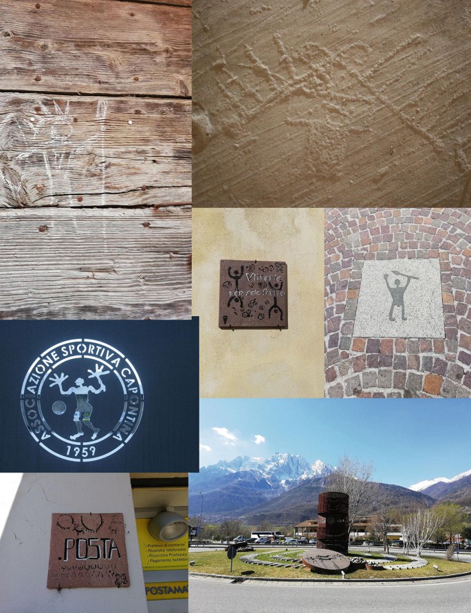 A collage of photographs in which rock art is used in sign boards, wooden walls, floors, logos, garden decorative and outdoor landscaping.