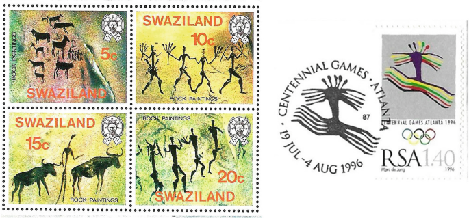 A collage of stamps that display indigenous rock art motifs.