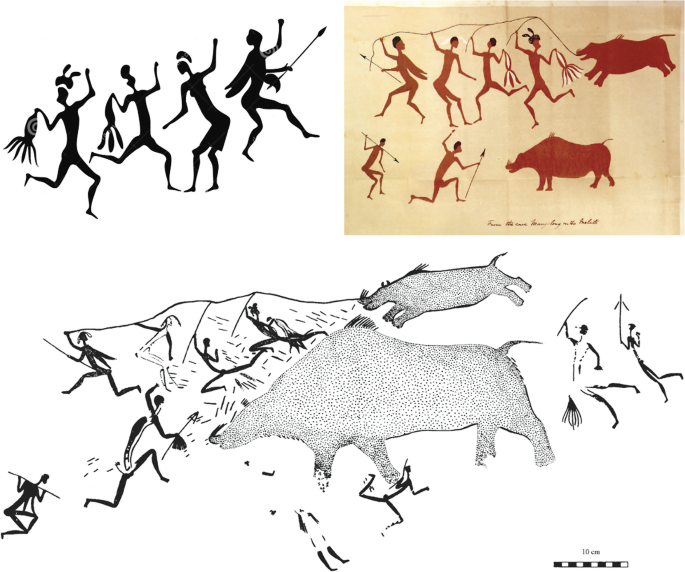 A collage of cave paintings in which primitive men were dancing, and hunting animals.