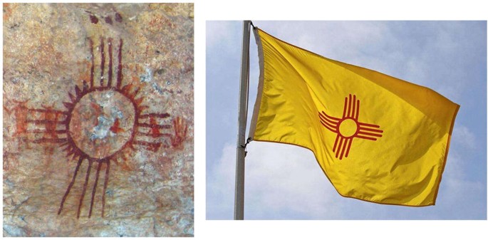 A collage of two photographs of a sun symbol found in rock art panels and the state flag of New Mexico.