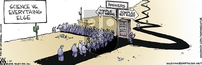 A cartoon with a title, Science and Everything else. A queue stands before an answers signboard with left arrow reading, Simple but wrong and right arrow reading, Complex but right. The queue chooses to stand in the path in the left direction. The left in the right is empty.