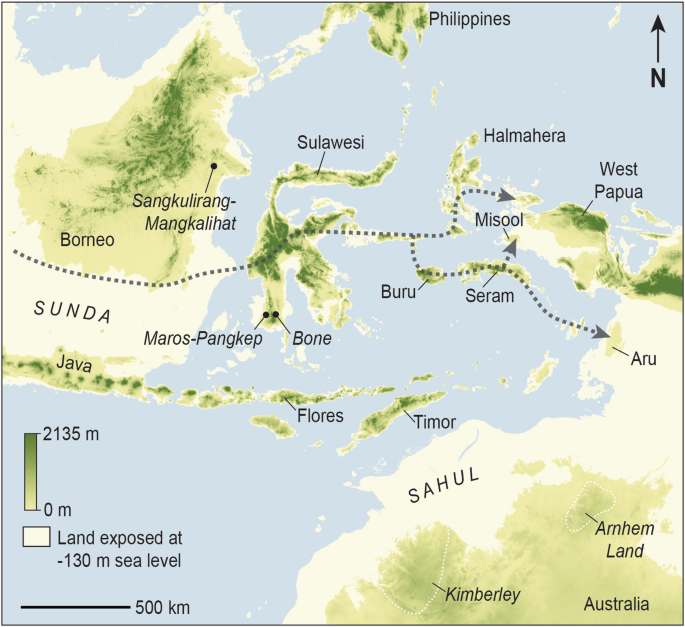 A map of Island Southeast Asia and northern Australia. There is a dotted arrow from Sunda below Borneo in the east that heads towards Sulawesi to Misool, and Sulawesi to Buru, Seram, and Aru.