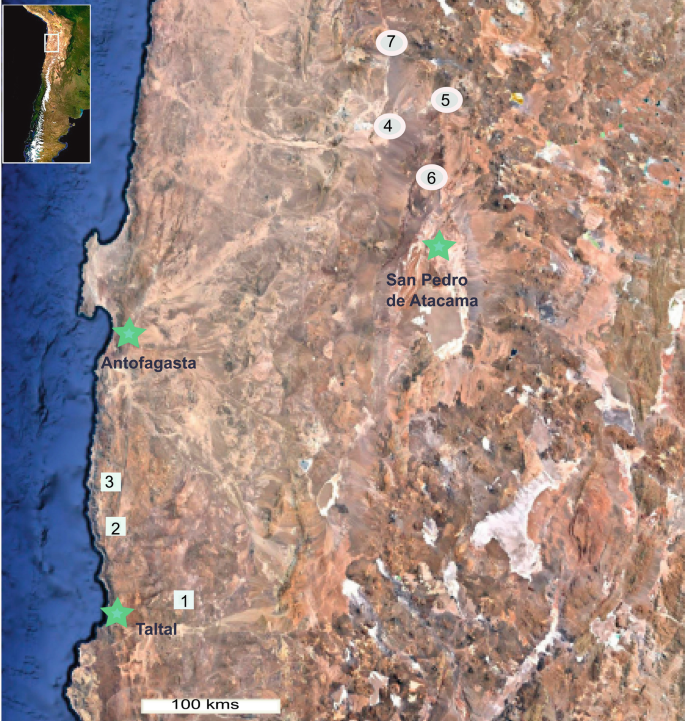 A satellite map highlights the areas of San Pedro de Atacama, Antofagasta, and Taltal using star symbols. It marks some areas from 1 to 7.
