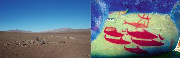 2 photographs. The left one is a photo of a desert area with various broken pieces. The right one is a close-up photo of a color gradient rock painting of sea animals.