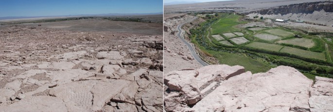 2 photographs. The left one is a photo of a barren landscape with an irregular surface. The right one is a photo of agricultural fields near a desert-type area with a long winding road on the left.
