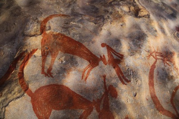 A photograph of a rock face with paintings of humans, kangaroos and rivers.