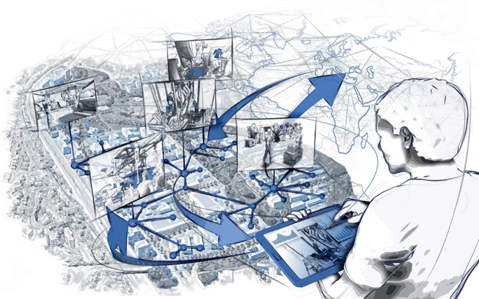 A 3 D visualization depicts a network interlinked with each other, where a person operates from a tablet.