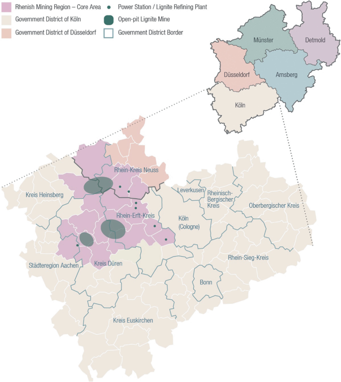A map of North Rhine-Westphalia. It presents the Rhenish mining region-Core area, government district of Koln, government district of Dusseldorf, power station or lignite refining plant, open-pit lignite mine, and government district border using different color shades.