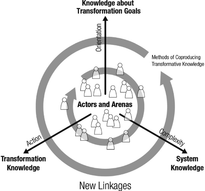 A schematic presents the REVIERa layout. It includes actors and arenas at the center, which leads to transformation knowledge via action, system knowledge via complexity, and knowledge about transformation goals via orientation. It includes methods of coproducing transformative knowledge.