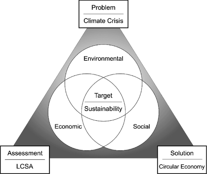 A pyramid presents the problem, assessment, and soluton on the vortices. A Venn diagram in the center presents environmental, economic, and social with a common region, labeled target and sustainability.
