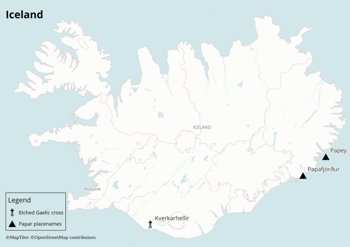 A map of Iceland with Irish connections. It has an etched Gaelic cross in the south and 2 Papr placenames, Papey, and Papafjordur in the east.