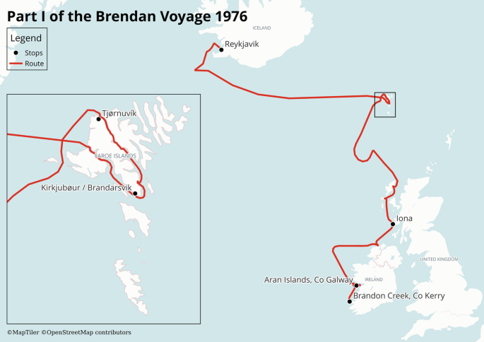 A route map of the Brendan Voyage, 1976, part 1. It starts from Brandon Creek dot Co Kerry, moves north with 4 stops in between before reaching Reykjavik. The stops are Aran Islands dot Co Galway, Iona, Tjernuvik, a slight detour southeast to Kirkjubaur, and towards Reykjavik.