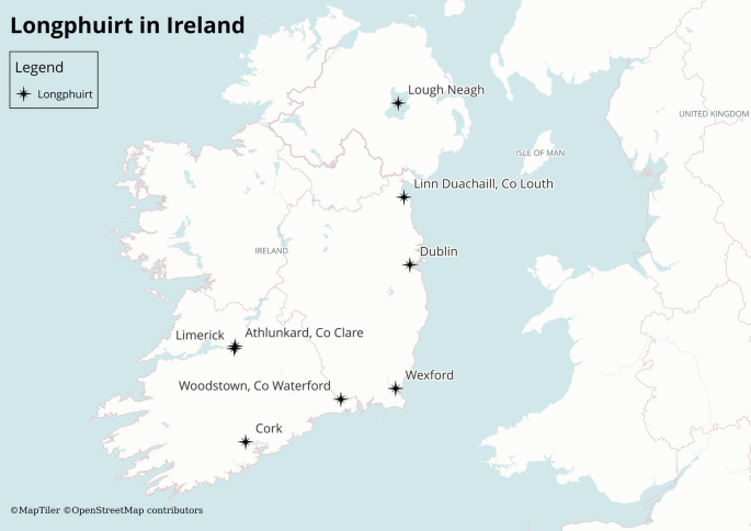 A map of Ireland with 7 Longphuirt locations. Limerick, Cork, Woodstown, Co Waterford, Wexford, Dublin, Linn Duachaill dot Co Louth, and Lough Neagh appear from the central south, to southeast, ad northeast, in order.