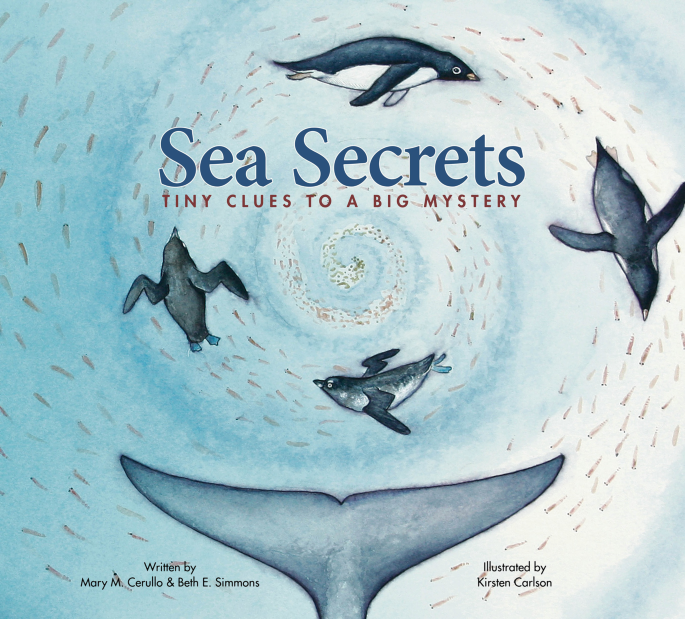 A cover page titled Sea Secrets, Tiny Clues to a Big Mystery, by Mary M. Cerullo and Beth E. Simmons and illustrated by Kristen Carlson. The page indicates the movements of dolphins under the sea surface.
