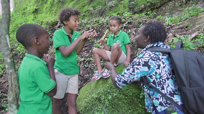 A photograph depicts a group of four children engaged in a conversation while sitting and standing on a mossy rock amidst greenery.