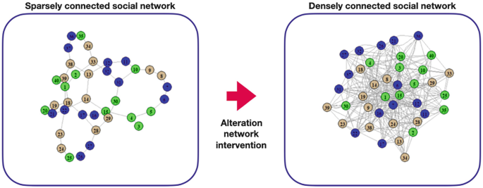 A visual representation of the social system depicts a sparsely connected social network undergoing an alteration network intervention, leading to a transformation into a densely connected social network.