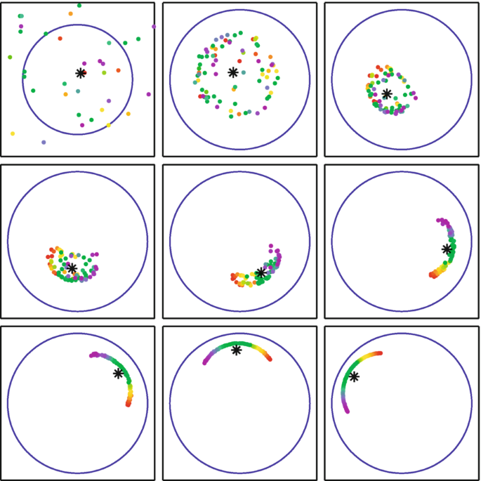 A set of nine circles within a square block each have scattered colored dots. As the circles progress, the dots cluster together.