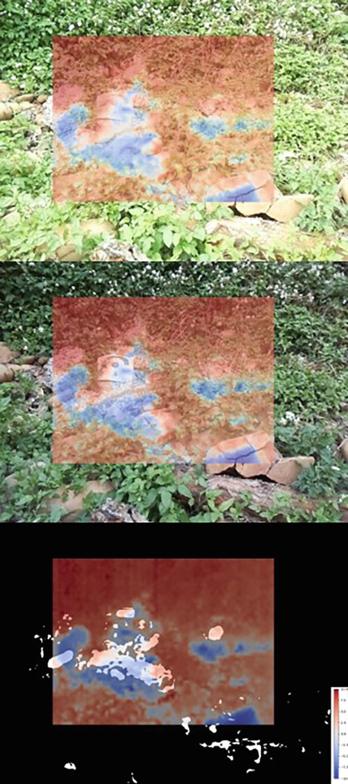 3 parts. 2 photographs of a sloping surface covered with vegetation and small pieces of rocks captured at 2 p m and 6 p m overlaid with a heatmap. A bitemporal heatmap of the same indicates patches of changes with the lowest temperature surrounding it and higher temperatures in the other regions.