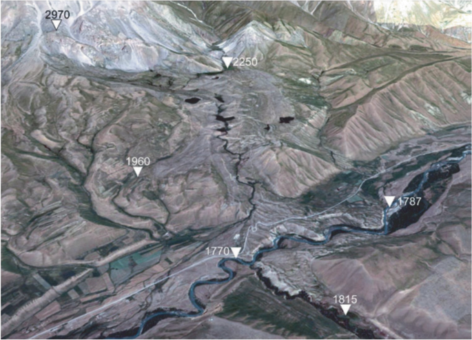 A satellite image the 7.5 kilometer long Chukurchak rock avalanche, with elevation marks placed at the front of rock avalanche branches at 1770, 1780, 2250, 1815, 1787, and 1960 meters.