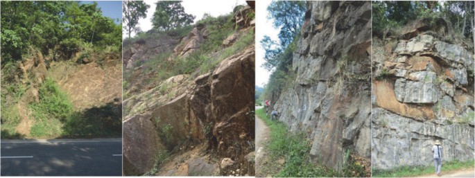 Four photos exhibits rock failures along mountainous roadside slopes highlighting wedge failure, translational slides, and falling rocks.