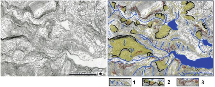 2 contour maps. A, contour map created from LiDAR data. It depicts ridges and water bodies. B, depicts a contour map with landslide main sliding cliffs and moving bodies, ridge and valley lines, and newly generated slope failures and debris flow with a color gradient at the bottom.