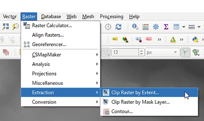A screenshot of the crop target area command. It has a toolbox open with Raster selected from 7 options. From its dropdown menu, extraction is selected, and the option, clip Raster by Extent selected from the subsequent dropdown.