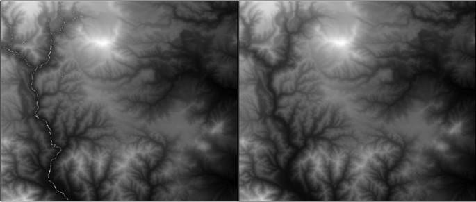 2 illustrations of a D T M raster. They depict cloud-like formations with vein-like features.