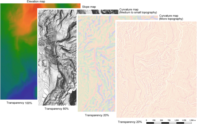 4 overlapping maps of elevation, slope, curvature with a transparency of 20%, and curvature with microtopography, appear in order from back to front. The elevation map is in 3 shades, curvature maps have a light background with fine ridges, and the slope map is in gray scale with various textures.