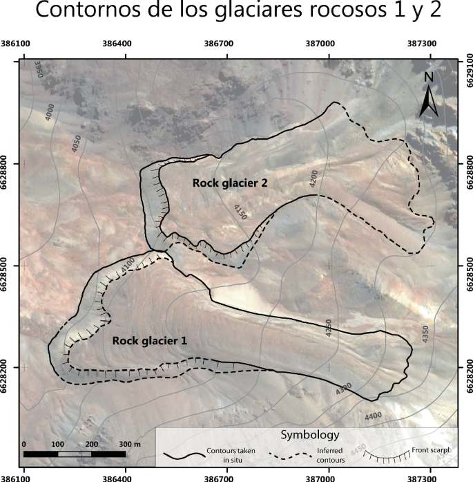 A contour map delineates the study area, showcasing rock glaciers 1 and 2. The contours are widely spaced over the rock glaciers, whereas in the southern region, they are closely packed. Inferred contours and frontal scarps are evident surrounding the glaciers.