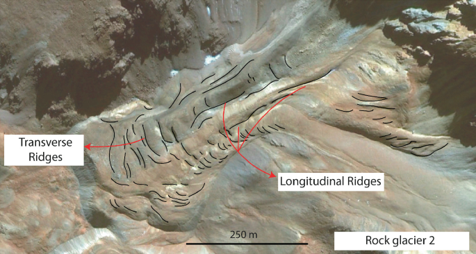 A satellite image of the study area with transverse ridges, longitudinal ridges, and rock glacier 2.