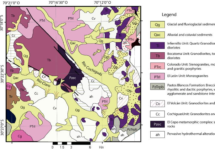 A geological map highlights the sediments, rocks, and others in and around Rio Cochiguas and Rio Claro Rivers. The rivers have the sediments of alluvial and coluvial sediments. Other sediments in the region include T b, P T r c, and P T r l.