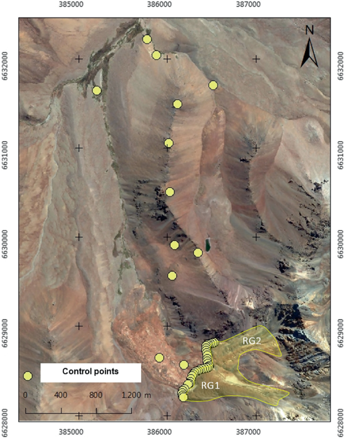 A satellite image of the study area highlights the control points. The control points are scattered on the slope with a series of control points extending between RG1 and RG2.