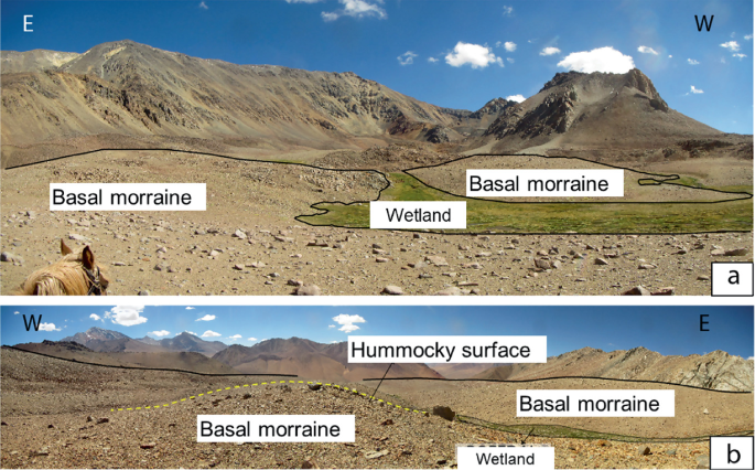 Two photos of hilly landscape from the south and north views. Top, the landscape under the mountain is labeled basal moraine with a wetland in the center. Bottom, the rocky mound is labeled basal moraine, hummocky surface, and a wetland in between.