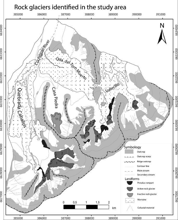 A study area map highlights the rock glaciers. The locations marked are Quebrada del Toro Muerto, Vallecillo, and Quebrada Caballos. They have moraine landforms. The map also highlights symbology and landforms in and around the study area.