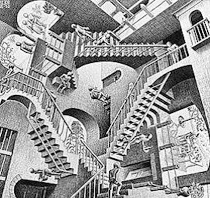 A sketch of relativity by M C Escher illustrates the ascending and descending postures of human beings.