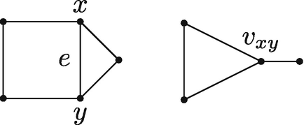 Left, a square with its right side labeled e, and top right and bottom right vertices labeled x and y, respectively. 2 lines extend from x and y to a point on right to form a triangle. Right, a triangle with its right vertex labeled upsilon x y. A line extends from right vertex to a point on right.