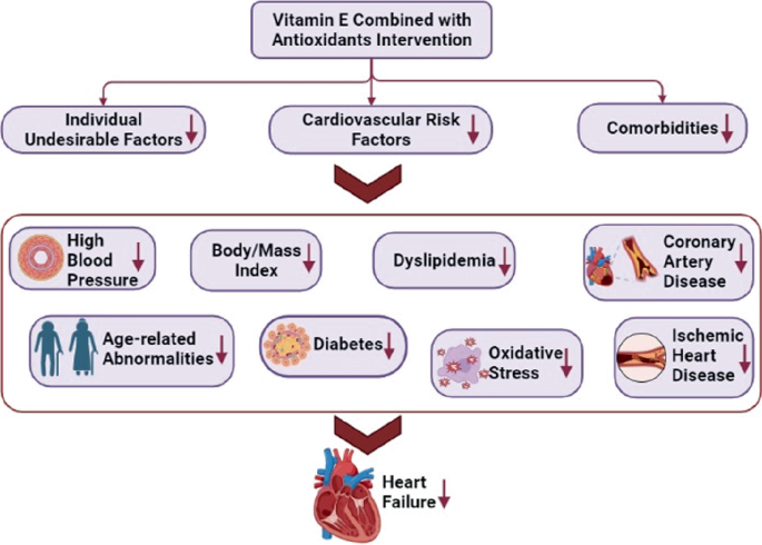 A diagram presents the vitamin E combined with antioxidants intervention, which is divided into individual undesirable factors, cardiovascular risk factors, and comorbidities, with its corresponding factors, reducing the risk of heart failure.
