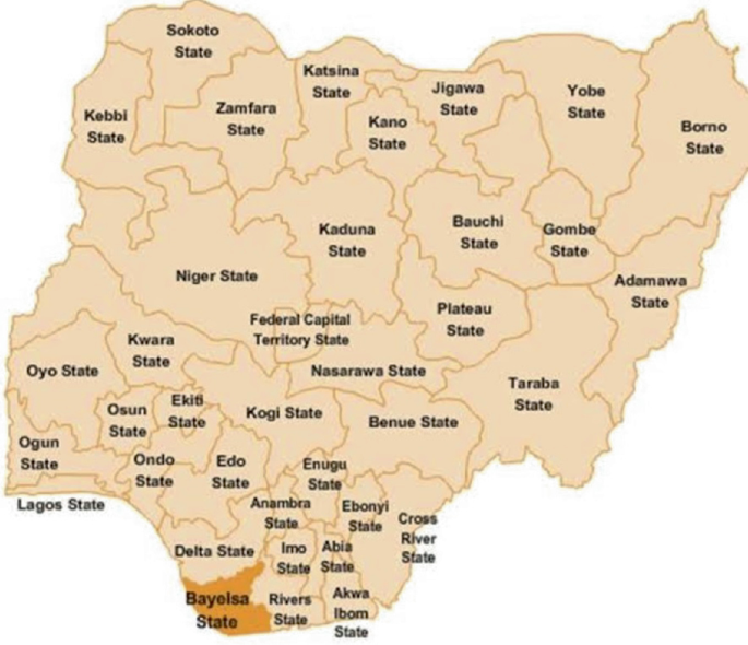 A study area map of Nigeria and Bayelsa State is highlighted. Some of the states are Sokoto, Kebbi, Zamfara, Katsina, Kano, Jigawa, Yobe, Borno, Niger, Kaduna, Bauchi, Gombe, Adamawa, Oyo, Kwara, the Federal Capital Territory, Plateau, Kwara, Ogun, Osun, Ekiti, Edo, Benue, Enugu, Lagos, and Kogi.