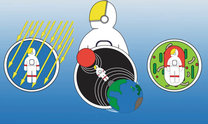 An animated portrayal of medical concerns for spaceflight participants. It includes the illustration of earth, radiation, and spaceflight participants.