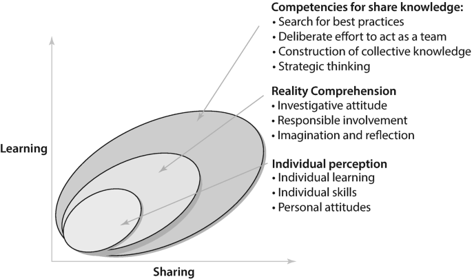 A graph of learning versus sharing plots 3 nested circles. The smallest circle has individual perception. The medium circle has reality comprehension. The biggest circle has competencies for share knowledge.
