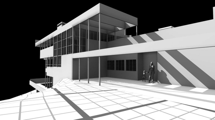 A 3 D illustration of a multi-story house with the top 2 stories having a sloping roof ceiling. A woman with a child is walking in the corridor of one of the stories.