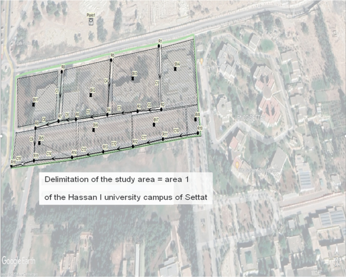 An aerial map illustrates the delineation of the study area, specifically Area 1 of the Hassan 1 university campus in Settat.