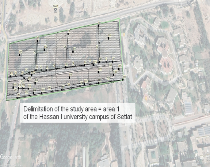 An aerial map illustrates the delineation of the study area, specifically Area 1 of the Hassan 1 University campus in Settat.