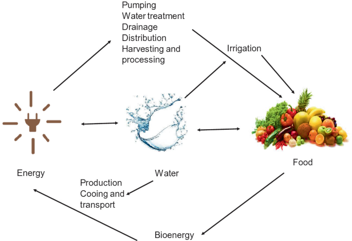 A flow diagram links energy with pumping water treatment to irrigation. Irrigation connects to food, bioenergy, and back to energy. Water links to production cooing and transport and irrigation. Also, energy links to water and food via a single chain.