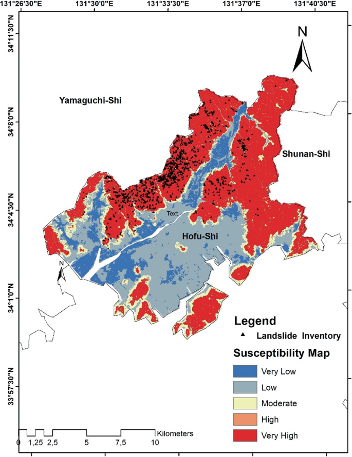 A landslide susceptibility map of the study area. It includes Hofu-Shi in the southeast with a low susceptibility and most of the northern regions including Shunan-Shi and southwestern ones with a very high susceptibility.