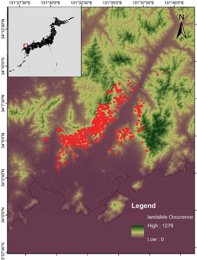 A landslide inventory map of Hofu City in Japan. Landslide occurrence is concentrated at the central region along a southwest northeast diagonal of medium to high elevation.