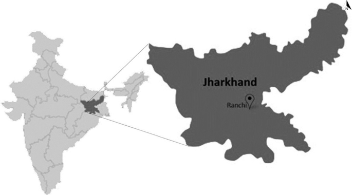 A state map of India highlights the state of Jharkhand. The map of Jharkhand with the location of Ranchi is marked.