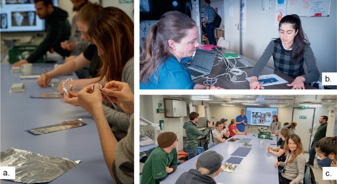 3 photographs. A and C. The team is collaborating in developing and testing devices using touch senses. B. A scientist and a teacher collaborate in developing an activity involving taste sense.