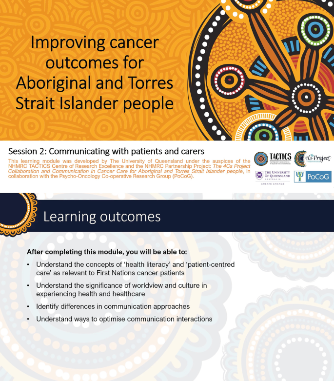 A presentation titled Session 1: Communicating with patients and carers. It reads improving cancer outcomes for Aboriginal and Torres Strait Islander people. The learning outcomes after completing the module are listed below.