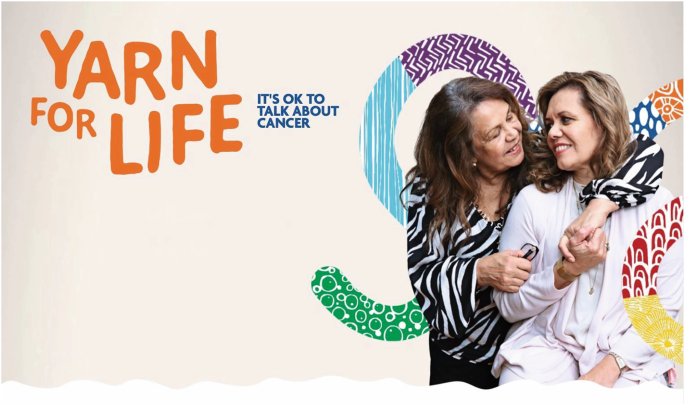 A screenshot of the landing page of Yarn for Life. It has a photo of 2 women holding each other with a text near reads, Yarn for Life, it's ok to talk about cancer.